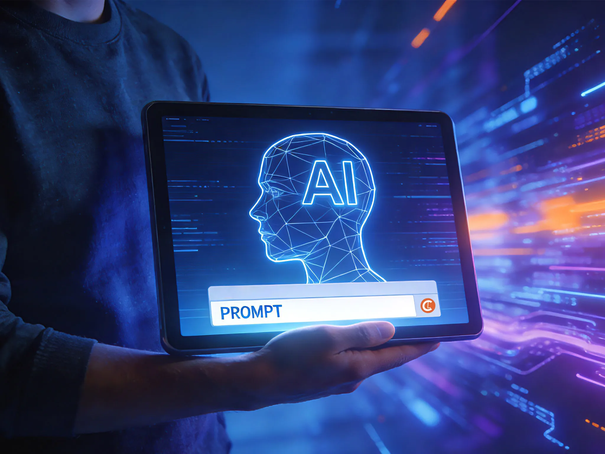 A person holds a tablet displaying a digital outline of a human head with "AI" inside. The background is a dynamic blur of blue and orange lines, suggesting technology.