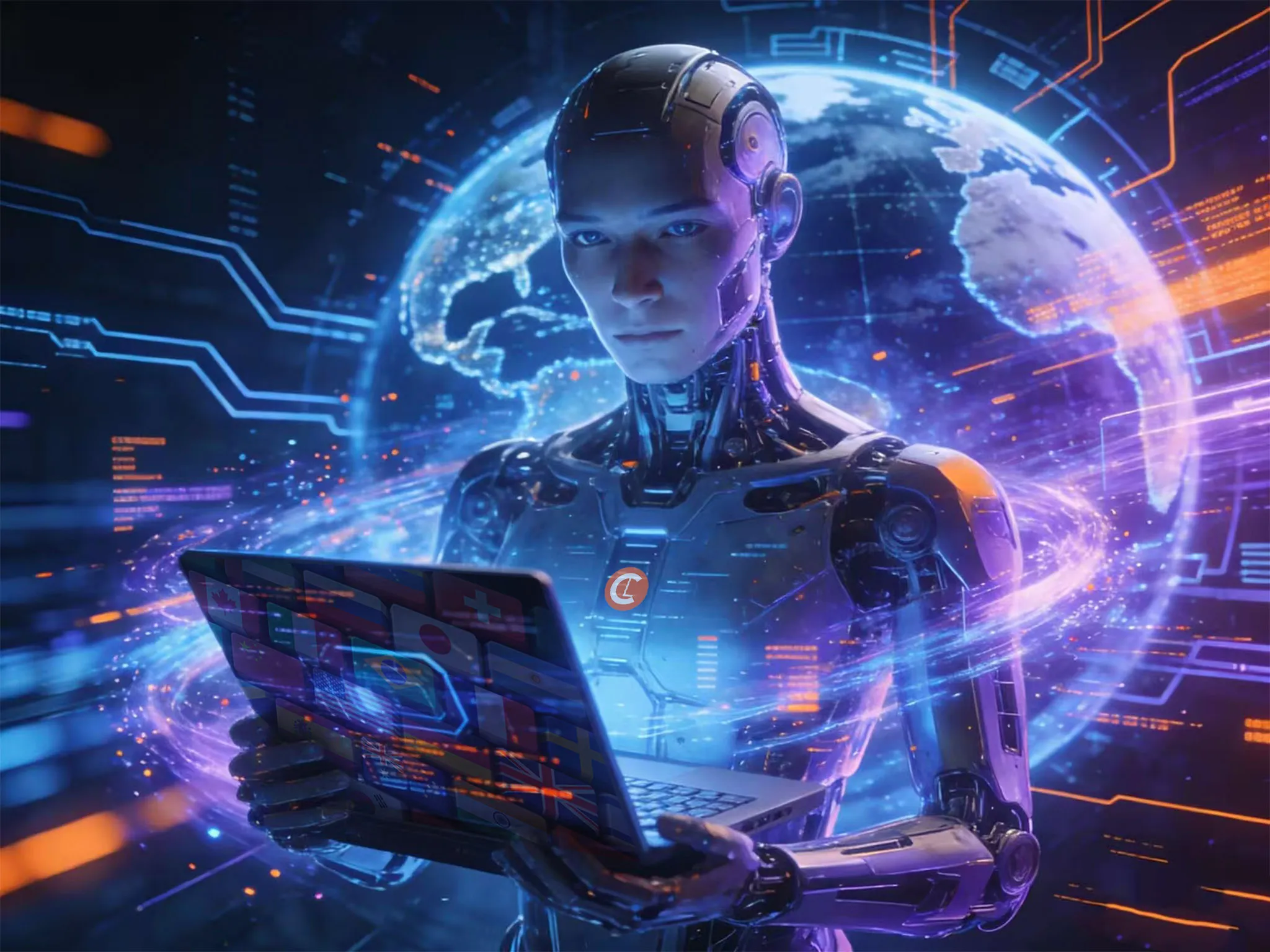 A humanoid robot holds a laptop, surrounded by digital elements and a glowing Earth hologram. The scene is futuristic, conveying a sense of advanced technology.