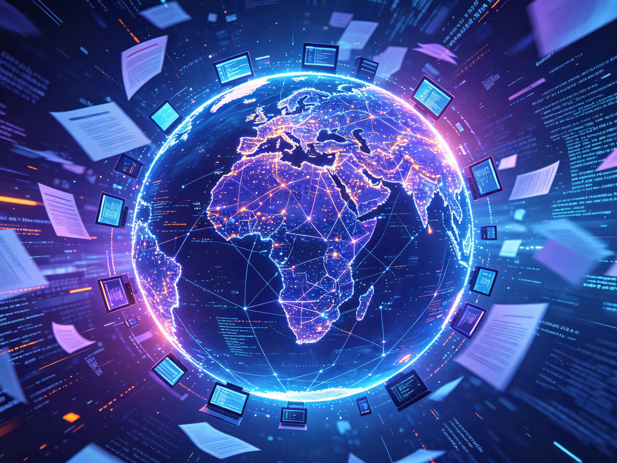 A digital rendering of Earth at night with glowing network lines, surrounded by floating digital documents and screens, symbolizing global data exchange and connectivity.