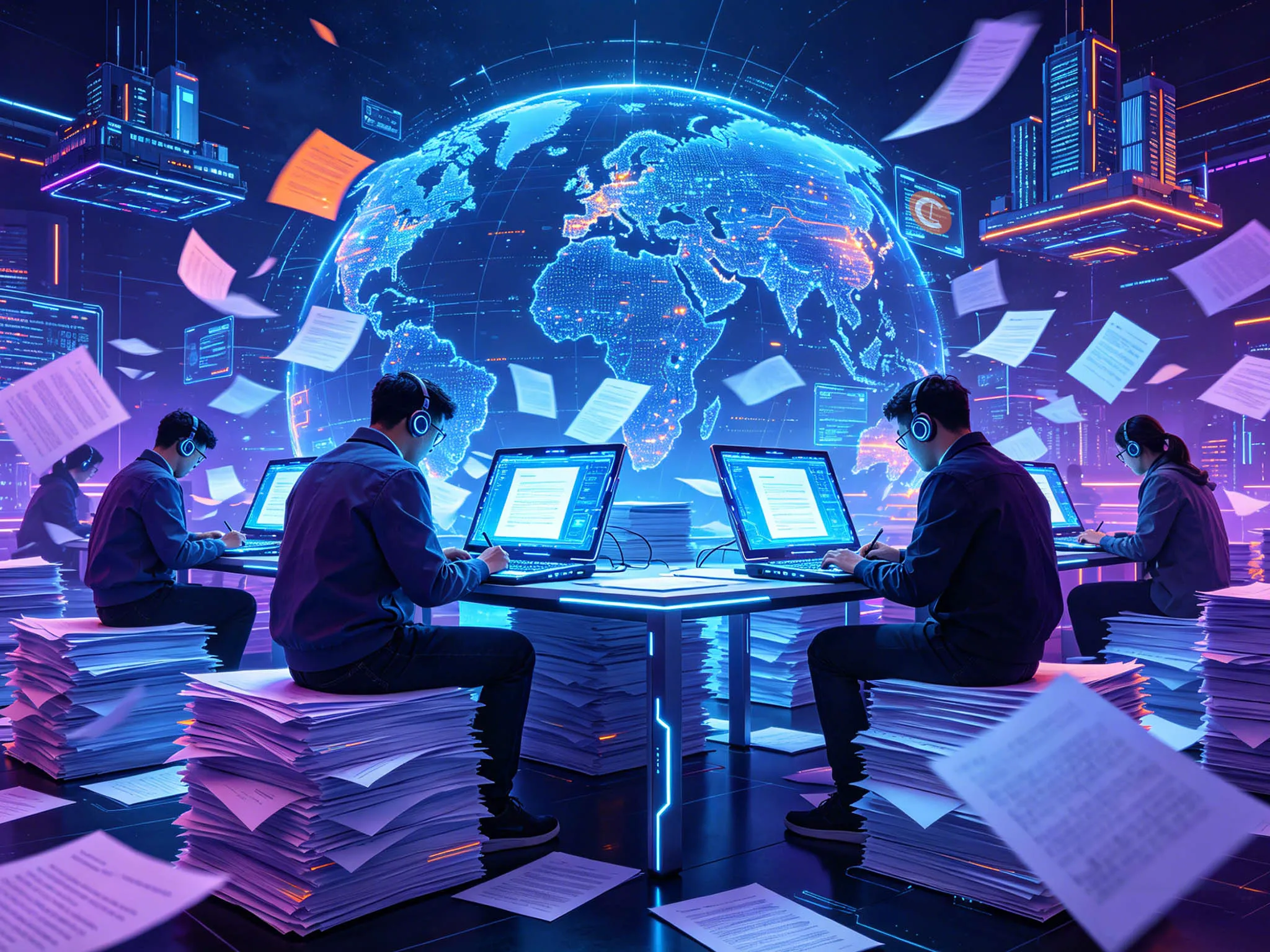 People wearing headsets work on computers atop stacks of papers, with a digital globe and floating documents around them, conveying a tech-driven data environment.