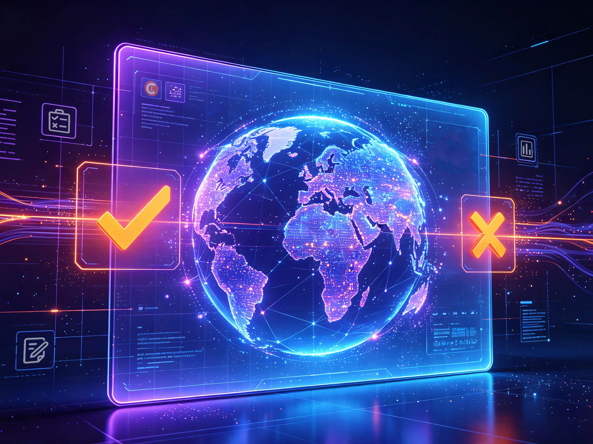 A glowing digital representation of Earth with check and cross symbols on either side, set against a futuristic interface background.