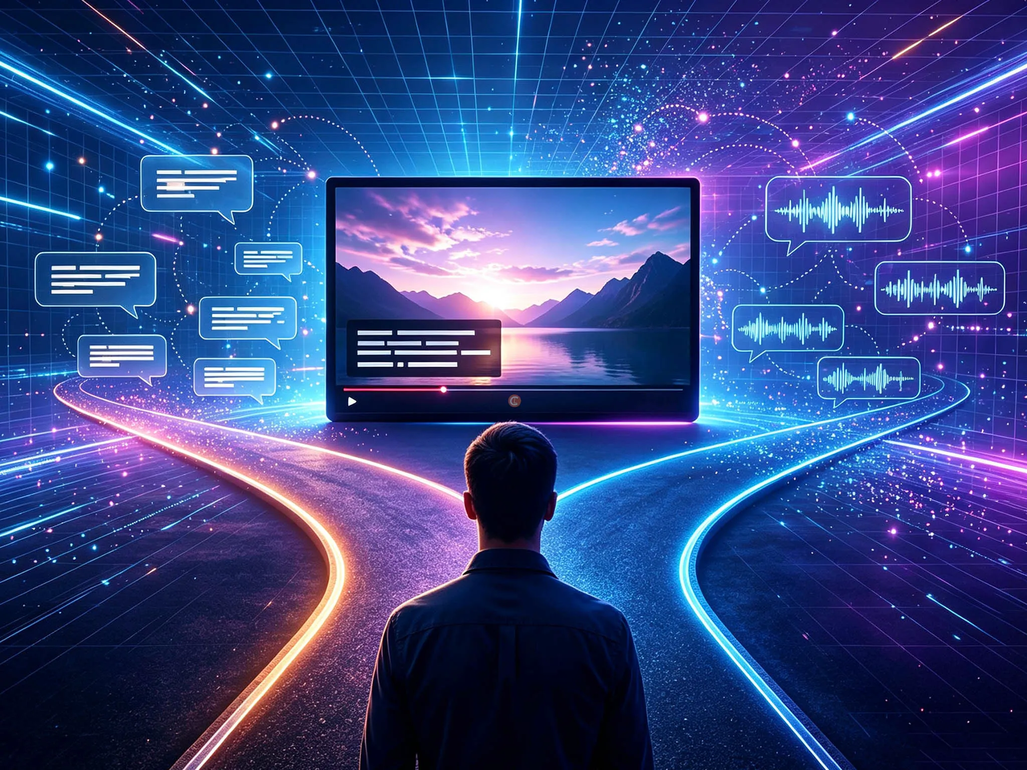 A person facing a large screen displaying a scenic view, surrounded by colorful digital elements like sound waves and chat bubbles, representing technology and communication.